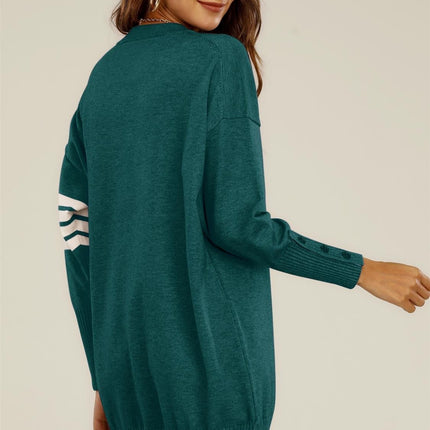 Knitted Tunic Jumper Dress With White Stripe In Dark Green