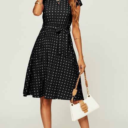 Polka Dot Sleeveless Pleated Midi Dress In Black