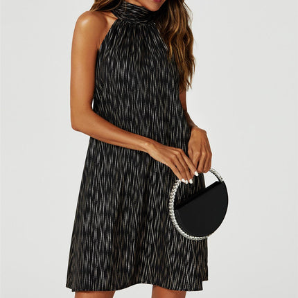 Gold Foil Halter Neck Tie Back Mini Dress In Black