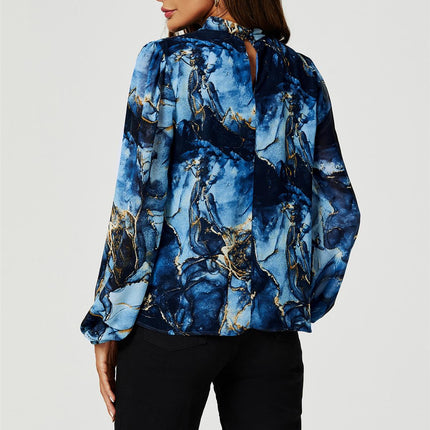 Marble Print Long Sleeve High Neck Top In Navy