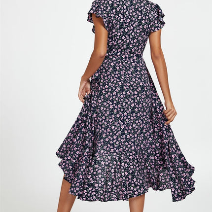 Floral Frill Sleeve Midi Wrap Dress In Navy