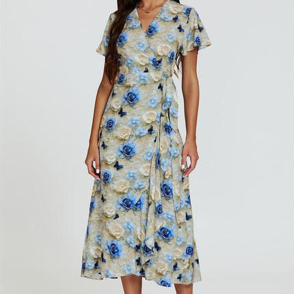 Floral Print Wrap Hem Midi Dress In Beige