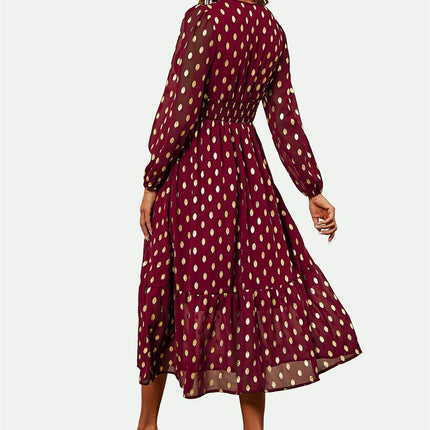 Lace Trim Foil Long Sleeve Maxi Dress In Wine