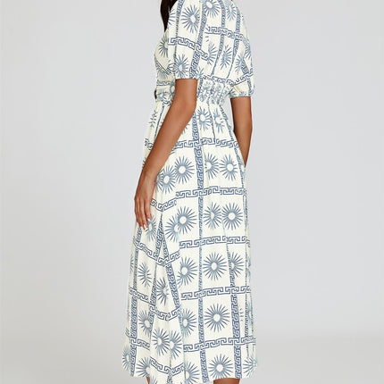 Geo Print Midi V neckline Dress In White