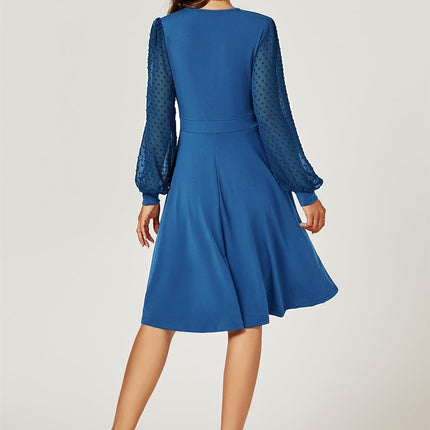 Long Chiffon Sleeve Pleated Midi Dress In Blue