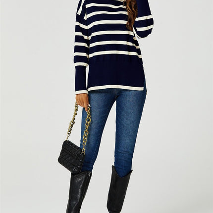 Stripes Pattern Turtleneck Jumper Top In Navy