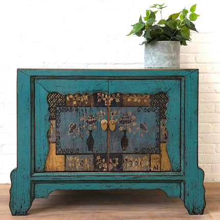 Vintage Asia Asiatische Kommode Sideboard Blau "Oceanflowers" - Art. 34740-5