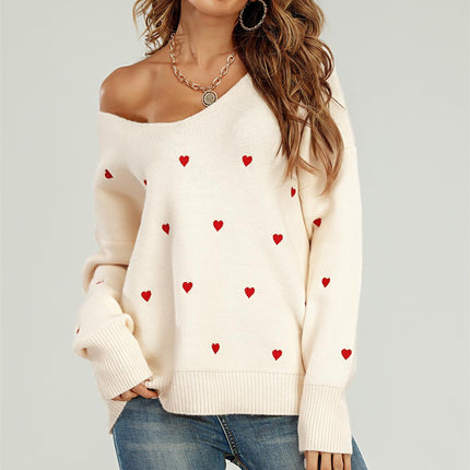 Embroidery Red Heart V Neck Jumper In Cream