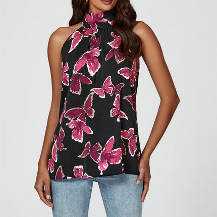 Butterfly Print Halter Neck Tie Back Top In Black