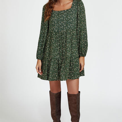 Little Floral Print Square Neck Mini Dress In Olive Green