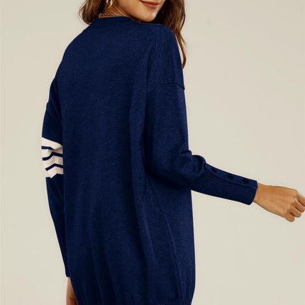 Knitted Tunic Jumper Dress With White Stripe In Navy