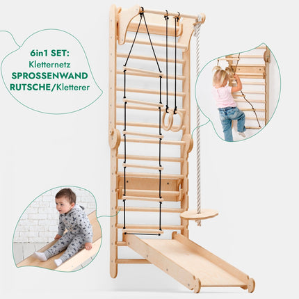 6in1 Kletterwand Indoor: Sprossenwand, Gymnastikringe, Hängende Leiter, Disc-Schaukel, Rutsche und Klimmzugstange für Kinder