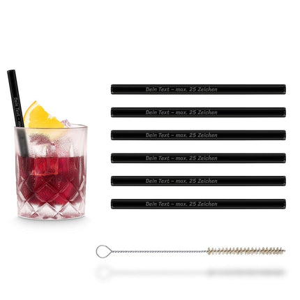 SEO. 6x 15cm Glasstrohhalme mit persönlicher Gravur - Schwarz Linkreich