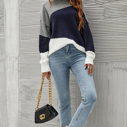 Navy & White Block Colour Jumper Top In Grey