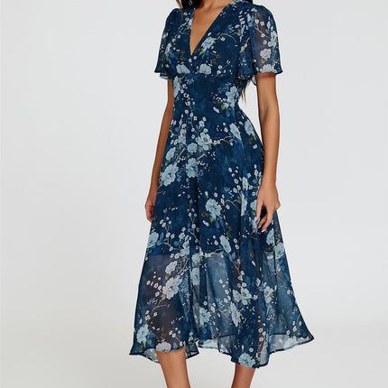 Floral Print Midi V neckline Dress In Navy