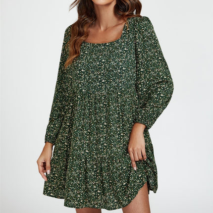 Little Floral Print Square Neck Mini Dress In Olive Green