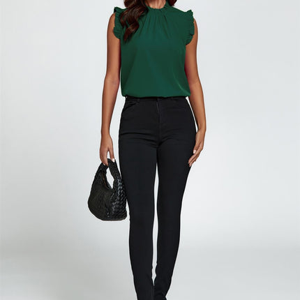 Frill Trim Sleeve Frill Neck Blouse Top In Dark Green