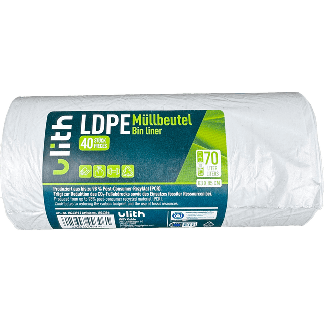 SEO. 70L LDPE Müllbeutel - 11 my - 98% PCR - Blauer Engel - Made in EU - 1 Linkreich