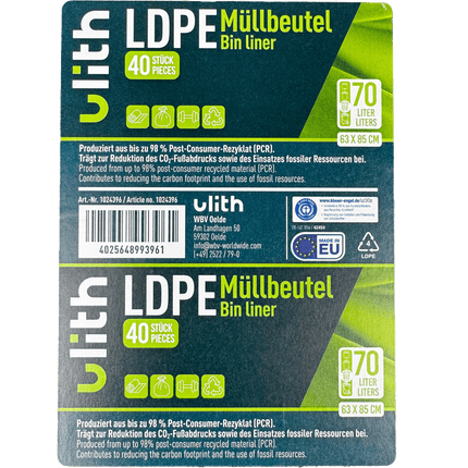 SEO. 70L LDPE Müllbeutel - 11 my - 98% PCR - Blauer Engel - Made in EU - 1 Linkreich