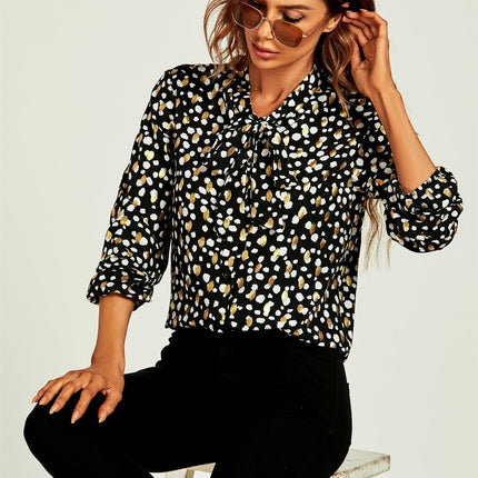 Gold Foil Leopard Print Pussybow Blouse/Top In Black