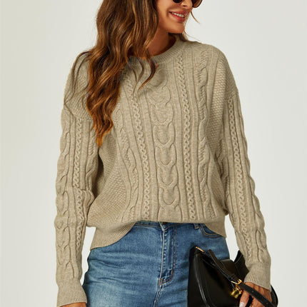 Cable Knit Crew Neck Jumper In Taupe