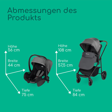 Bebeconfort Luvia Trio, Kinderwagen 3 in 1, 0–4 Jahre (0–22 kg), Baby Kinderwagen, Babyschale, Kinderwagenaufsatz, Smartes Faltsystem, Verstellbarer Schieber, Stoßdämpfung auf Rädern, Mineral Graphite