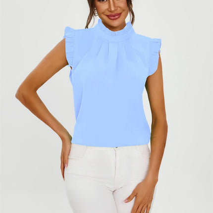 Frill Trim Sleeve High Neck Blouse Top In Light Blue