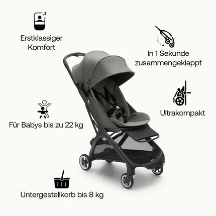 Bugaboo Butterfly ultrakompakter Reise-Kinderwagen, klein & leicht, einhändig faltbar und einfach zu lenken, ergonomischer City-Buggy für Babys ab 6 Monaten, mit viel Stauraum, Forest Green
