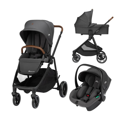 Bebeconfort Luvia Trio, Kinderwagen 3 in 1, 0–4 Jahre (0–22 kg), Baby Kinderwagen, Babyschale, Kinderwagenaufsatz, Smartes Faltsystem, Verstellbarer Schieber, Stoßdämpfung auf Rädern, Mineral Graphite