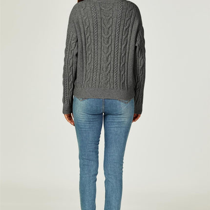 Cable Knit Crew Neck Jumper In Dark Grey