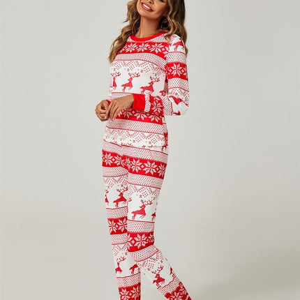 Christmas Long Sleeve SweatShirt Top & Trousers Co Ord Pyjama Sets In White & Red Snow Reindeer