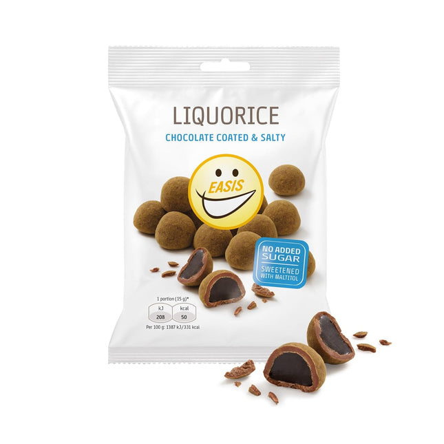 EASIS Dänische Lakritz-Kugeln ohne Zuckerzusatz | Salzige Lakritzkerne in Vollmilchschokolade & Lakritzpulver | Süßungsmitteln natürlichen Ursprungs | Gourmet Schokolade Geschenk, 75g
