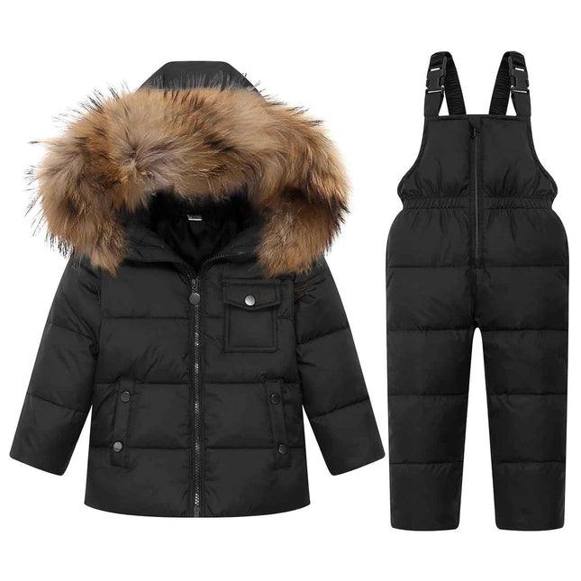 Kinder Daunenjacke Schneeanzug mit Künstliches Fell Kaputze Bekleidungsset Mädchen Jungen Verdickte Winterjacke + Skihose Daunenhose Kinderskianzug, Schwarz 4-5 Jahre