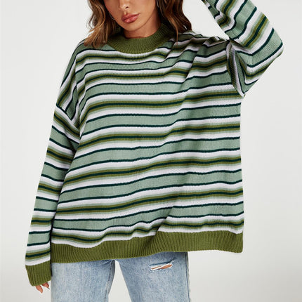 Stripe Block Relaxed Knit Jumper Top In Green