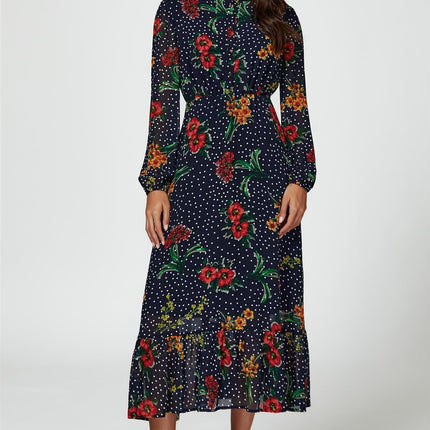 Floral Dot Print Maxi Dress In Navy