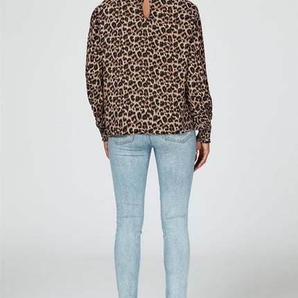 Leopard Print Long Sleeve High Neck Blouse In Brown