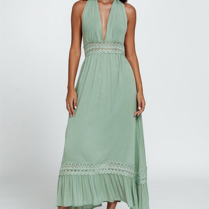 Lace Detail Adjustable Deep V Neckline Maxi Dress In Green