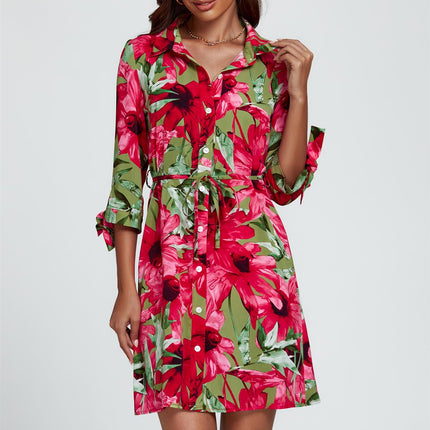 Floral Print Shirt Mini Dress In Red