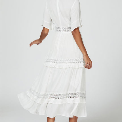 V Neck Lace Detail Midi Dress In White