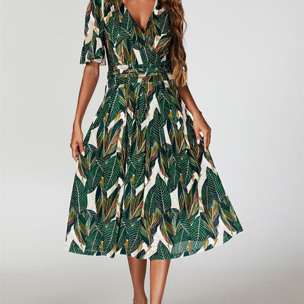 Leaf Print Mesh Midi Dress In Green