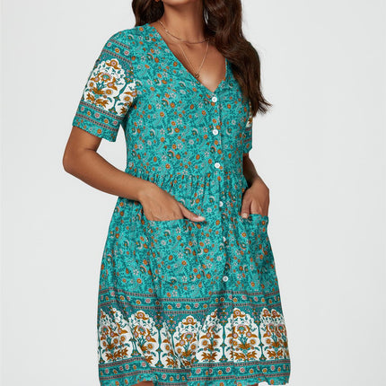 Print Boho Mini Dress In Green