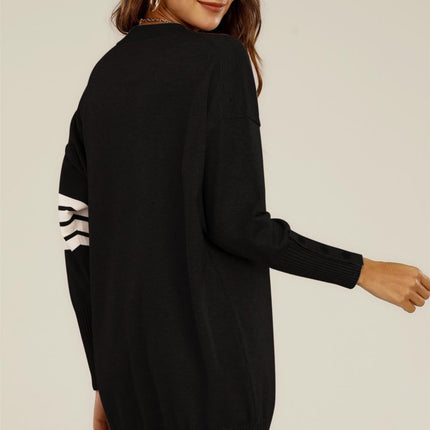 Wool Knitted Tunic Jumper Dress With White Stripe In Black