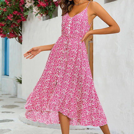 Leopard Print Button Down High Low Strappy Dress In Fuchsia Pink