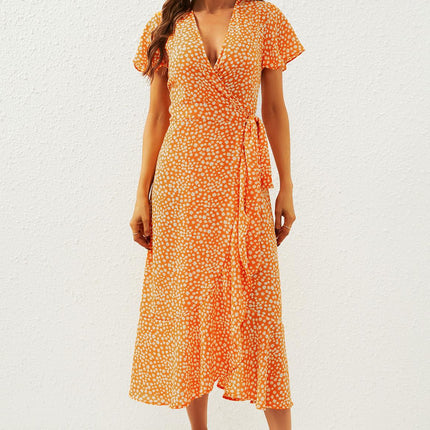 Floral Print Wrap Midi Dress In Orange Yellow