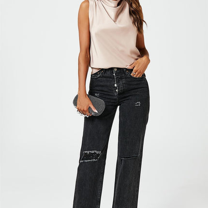 Satin High Neck Sleeveless Blouse In Light Brown