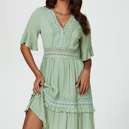 V Neck Lace Mini Dress In Green