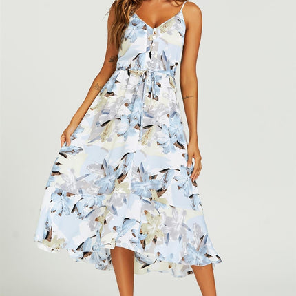 Floral Print Button Down High Low Strappy Dress In Blue