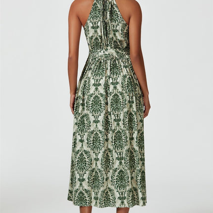 Green & Beige Floral Print Tie Halterneck Maxi Dress