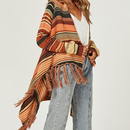 Fringes Detail Cardigan In Rusty Red & Orange & Black