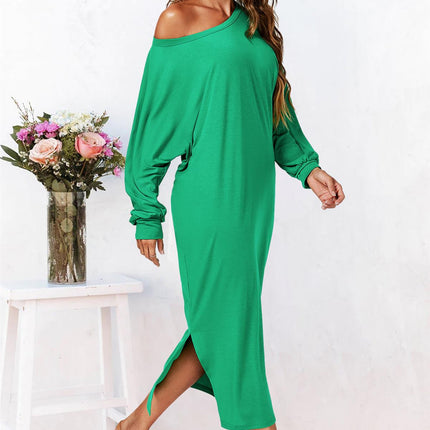 Oversized Midaxi Long Sleeve Slit Jersey Dress In Green